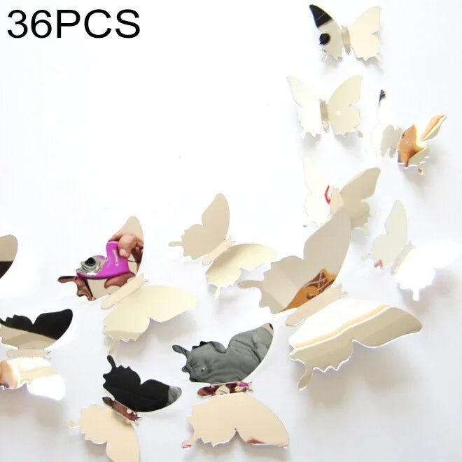 36 PCS Decoração de casa original com superfície espelhada 3D em PC, adesivo de parede borboleta, adesivo de parede borboleta 2
