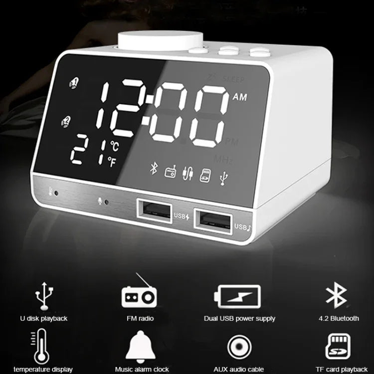 Relógio Despertador Bluetooth K11 com Coluna, Relógio Digital Criativo com Música, Rádio e Dupla Interface USB, Suporta Pen Drive / Cartão TF / FM / AUX, Ficha US, Ficha US (Preto), Ficha US (Branco)