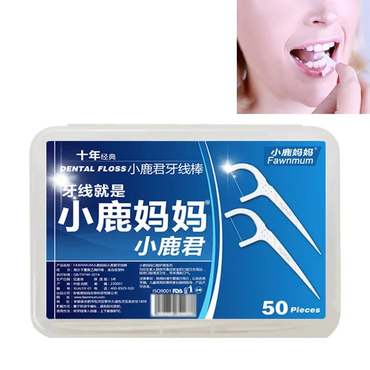 Fawnmum Fio Dental de Segurança Ultra-fino Plano Palito de Dente com Fio, 50pcs/Caixa, 2 Caixas / (50pcs)