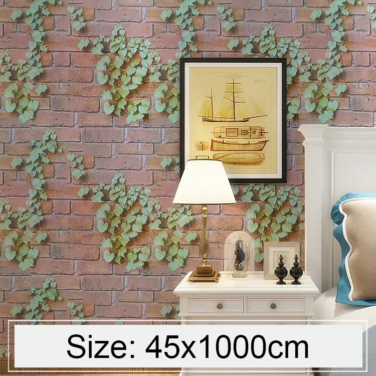 Papel de Parede Adesivo Decorativo Criativo 3D Parthenocissus Pedra Tijolo para Quarto e Sala, Resistente à Água, Rolo de Papel de Parede, Tamanho: 45 x 1000cm, Parthenocissus 3D