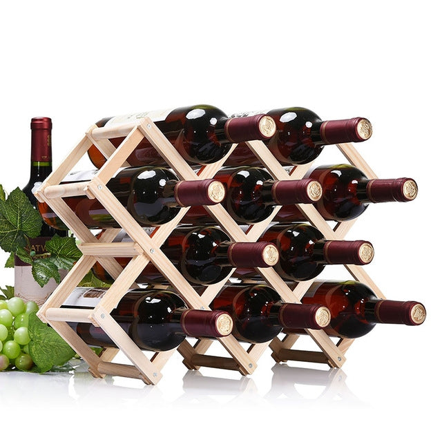 Suporte Dobrável para 10 Garrafas, Expositor de Vinho em Madeira para Cozinha ou Bar, 10 Garrafas