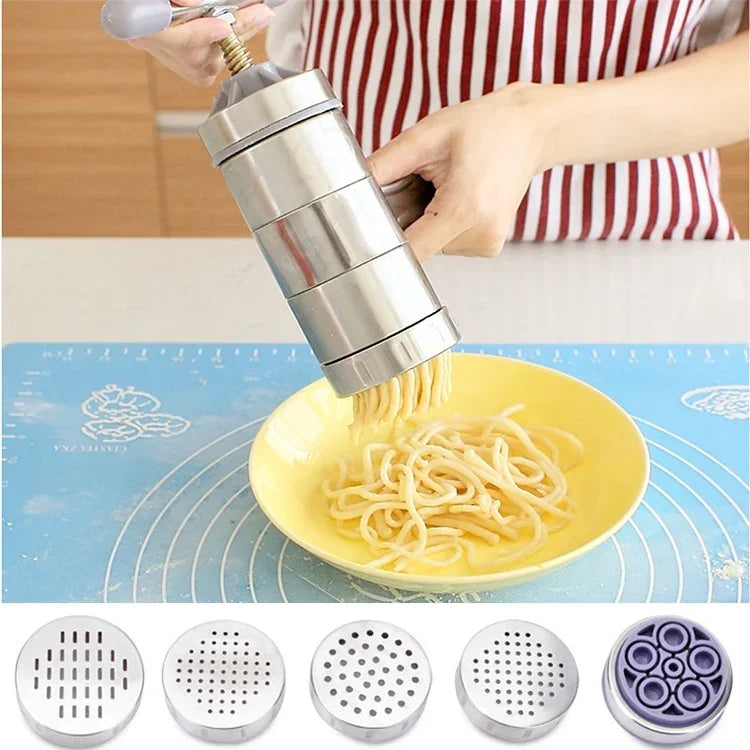 Máquina de Massas Manual Doméstica de Aço Inoxidável, Máquina de Massas de Pressão Manual com 5 Modelos, Máquina de Massas de Pressão