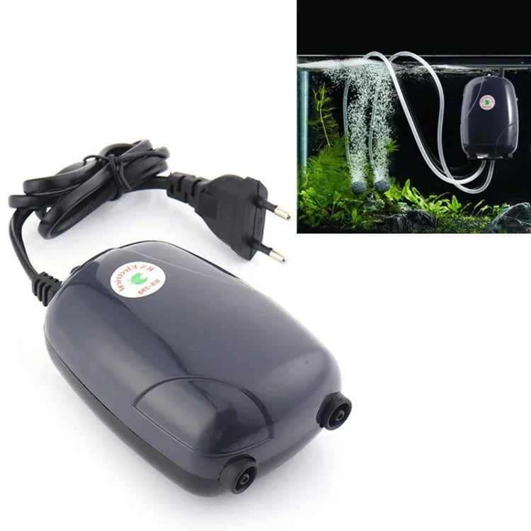 Bomba de Ar Silenciosa para Aquário RS-390 220V 5W com Dupla Saída e Fluxo Ajustável, Bomba de Oxigénio para Tanque de Peixes, 5W