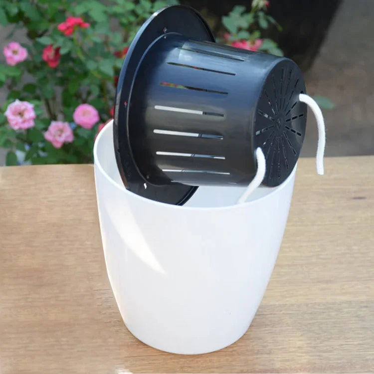 Vasos de Flores Automáticos Absorventes de Água para Plantas Hidropónicas, Vasos de Resina Plástica Circulares com Design de Dupla Camada, Autoirrigação, Diâmetro: 15cm, Altura: 15,5cm