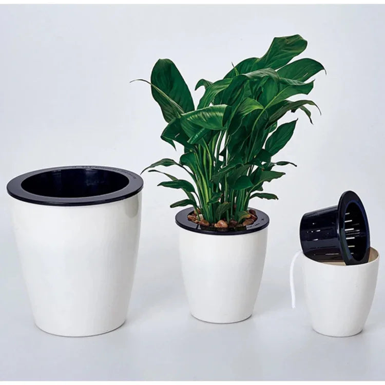 Vasos de Flores Automáticos Absorventes de Água para Plantas Hidropónicas, Vasos de Resina Plástica Circulares com Design de Dupla Camada, Autoirrigação, Diâmetro: 15cm, Altura: 15,5cm