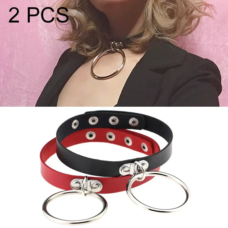 2 PCS Colar de Couro Estilo Punk Europeu e Americano com Grande Anel em Forma de O, Entrega de Cor Aleatória, DHXQ03