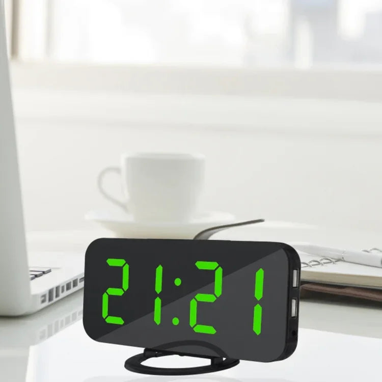 Relógio Despertador Criativo Multifuncional com Espelho, Ecrã LED Reflexivo, Função Soneca e 2 Portas USB para Carregamento