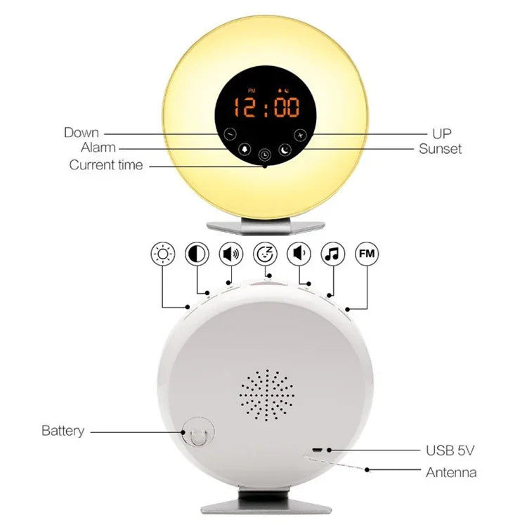 Despertador Inteligente Multifuncional com Luz LED Táctil, Rádio FM, USB