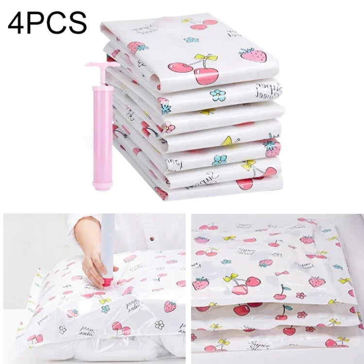 4 Peças de Saco de Armazenamento a Vácuo com Padrão em Cor Doce para Poupar Espaço, Saco de Armazenamento a Vácuo para Edredões à Prova de Explosão com Bomba Manual Grátis, Tamanho: 80*100 cm, Tamanho: 80*100 cm
