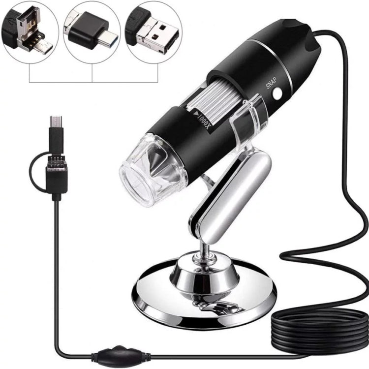 Microscópio Digital USB 3 em 1 com Sensor de Imagem HD 1600X, 8 LEDs e Suporte Profissional