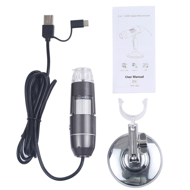 Microscópio Digital USB 3 em 1 com Sensor de Imagem HD 1600X, 8 LEDs e Suporte Profissional