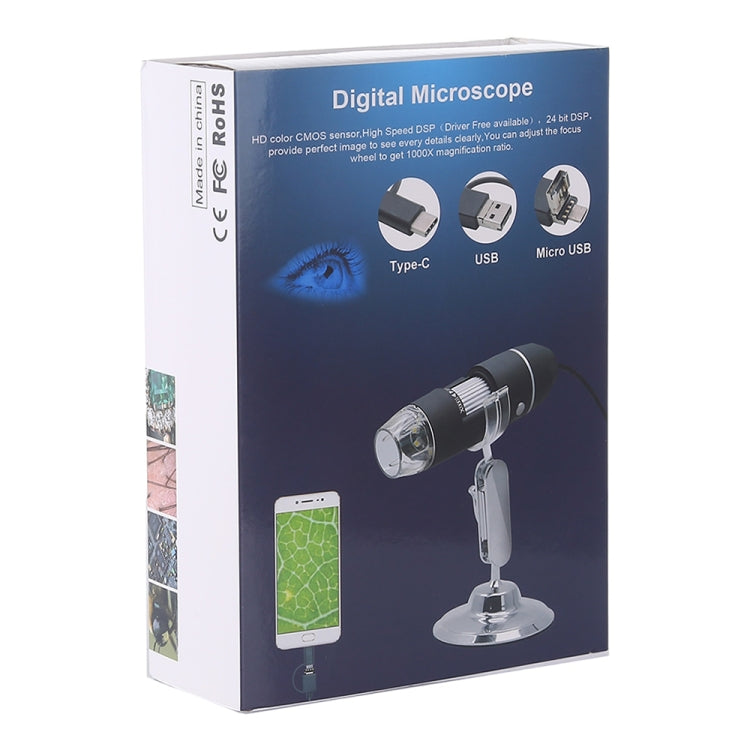 Microscópio Digital USB 3 em 1 com Sensor de Imagem HD 1600X, 8 LEDs e Suporte Profissional