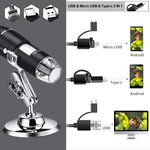 Microscópio Digital USB 3 em 1 com Sensor de Imagem HD 1600X, 8 LEDs e Suporte Profissional