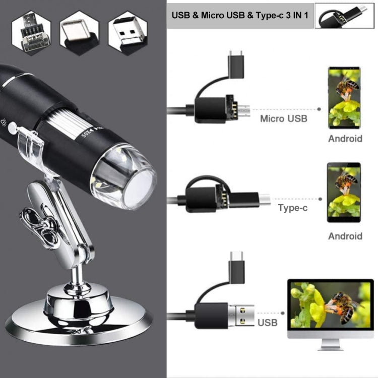 Microscópio Digital USB 3 em 1 com Sensor de Imagem HD 1600X, 8 LEDs e Suporte Profissional