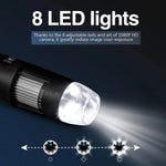 Microscópio Digital USB 3 em 1 com Sensor de Imagem HD 1600X, 8 LEDs e Suporte Profissional