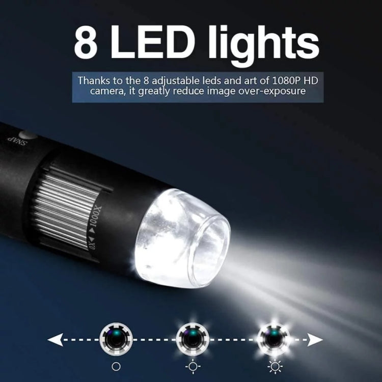 Microscópio Digital USB 3 em 1 com Sensor de Imagem HD 1600X, 8 LEDs e Suporte Profissional