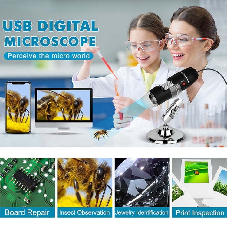 Microscópio Digital USB 3 em 1 com Sensor de Imagem HD 1600X, 8 LEDs e Suporte Profissional