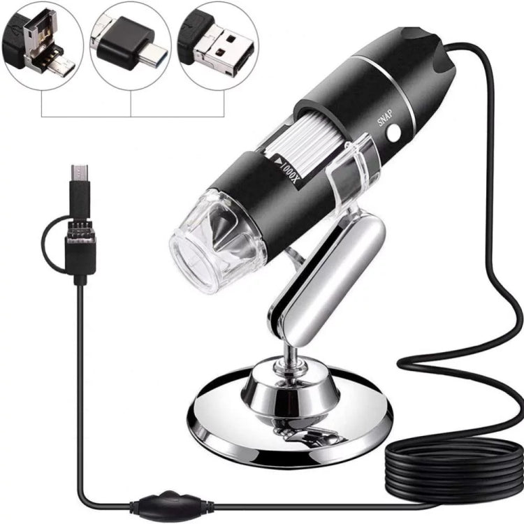 Microscópio Digital USB 3 em 1 com Sensor de Imagem HD 1600X, 8 LEDs e Suporte Profissional