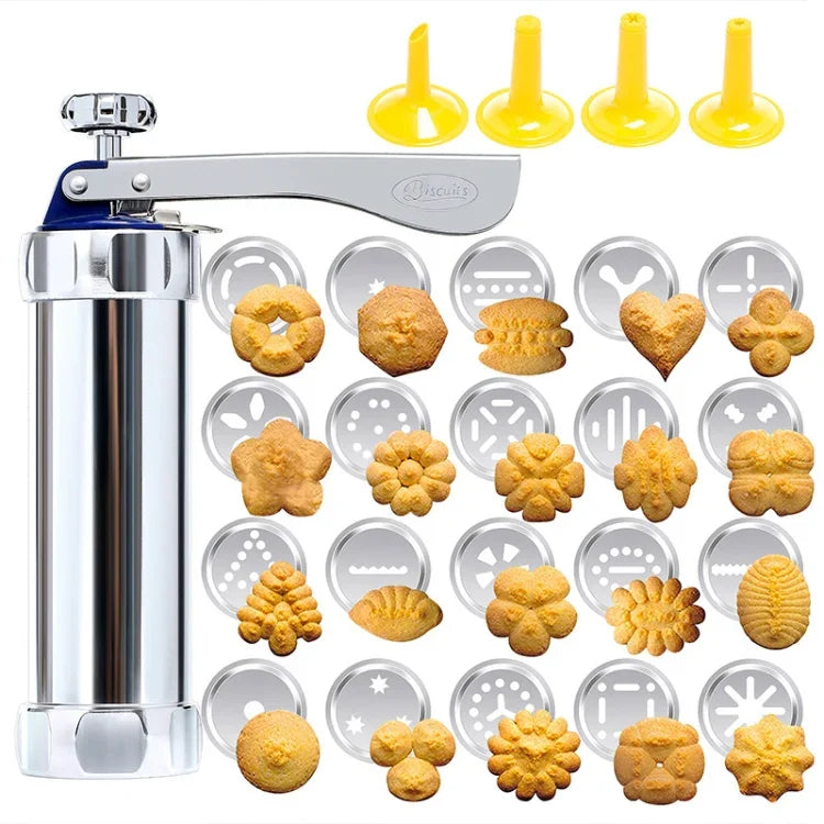 Máquina Multifuncional para Bolachas e Biscoitos com Moldes para Decoração, 20 Moldes e 4 Bicos, Prateado Multifuncional