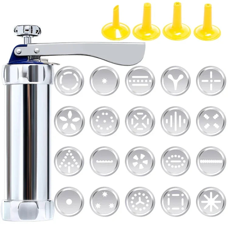 Máquina Multifuncional para Bolachas e Biscoitos com Moldes para Decoração, 20 Moldes e 4 Bicos, Prateado Multifuncional