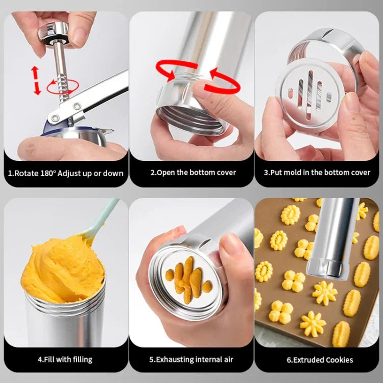 Máquina Multifuncional para Bolachas e Biscoitos com Moldes para Decoração, 20 Moldes e 4 Bicos, Prateado Multifuncional