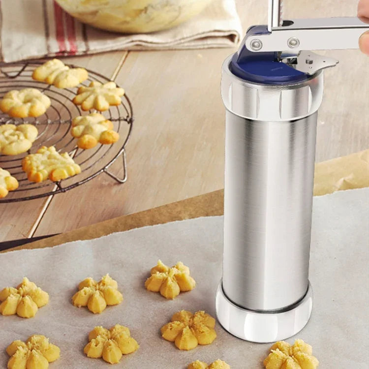 Máquina Multifuncional para Bolachas e Biscoitos com Moldes para Decoração, 20 Moldes e 4 Bicos, Prateado Multifuncional