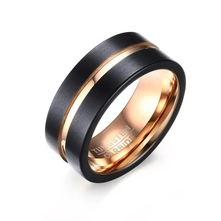 Anel Clássico Masculino Estilo Europa e América em Carboneto de Tungsténio Puro com Revestimento em Ouro Rosa Escovado à Mão, Tamanho: 7 Diâmetro: 17,4mm, Perímetro: 55mm, Tamanho: 7