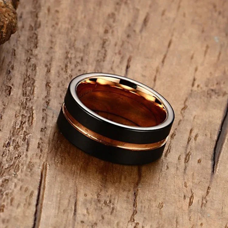 Anel Clássico Masculino Estilo Europa e América em Carboneto de Tungsténio Puro com Revestimento em Ouro Rosa Escovado à Mão, Tamanho: 7 Diâmetro: 17,4mm, Perímetro: 55mm, Tamanho: 7