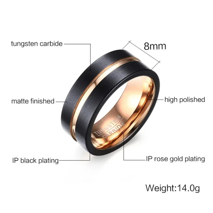 Anel Clássico Masculino Estilo Europeu e Americano em Carboneto de Tungsténio Puro com Acabamento Escovado e Banhado a Ouro Rosa, Tamanho: 12, Diâmetro: 21,5 mm, Perímetro: 67,5 mm, Tamanho: 12
