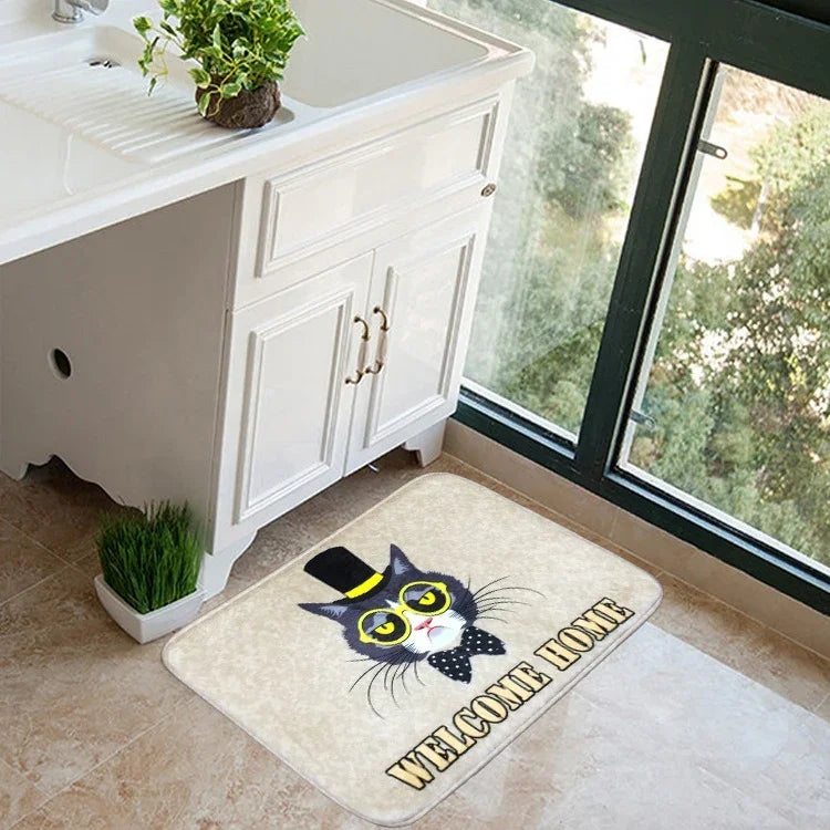 Tapete de Porta com Padrão de Gato e Cão em Flanela, Tapete Retangular para Casa de Banho, Sala e Quarto, Antiderrapante, Tamanho: 50*80cm, Padrão: Gato Tamanho: 50*80cm