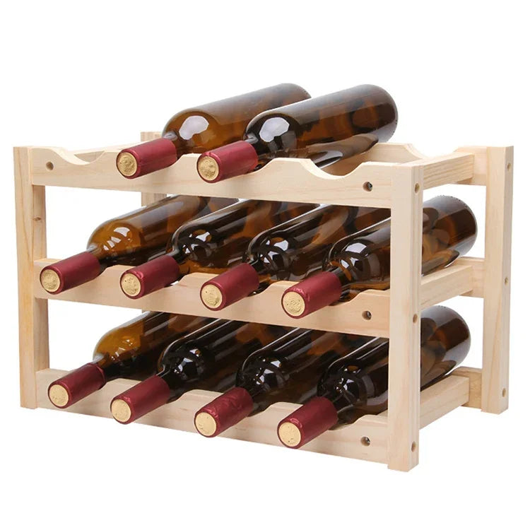 Expositor Dobrável de Madeira Maciça para 12 Garrafas de Vinho, Expositor de Vinho Multicamadas, Tamanho: 46x24x28cm, Expositor de Vinho Multicamadas