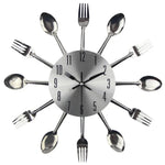 Relógio de Parede de Cozinha em Metal com Talheres, Colher e Garfo, Relógios de Parede Criativos de Quartzo com Design Moderno Decorativo, Prateado, Prateado