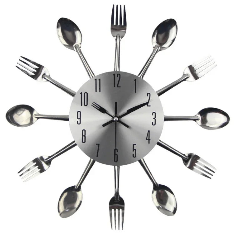Relógio de Parede de Cozinha em Metal com Talheres, Colher e Garfo, Relógios de Parede Criativos de Quartzo com Design Moderno Decorativo, Prateado, Prateado