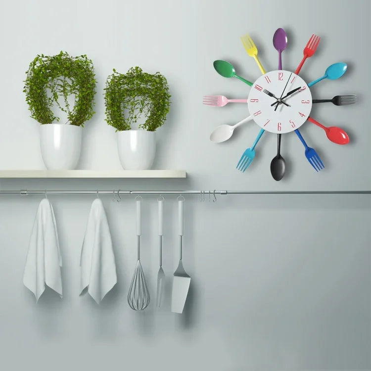 Relógio de Parede de Cozinha em Metal com Talheres, Colher e Garfo, Relógios de Parede Criativos de Quartzo com Design Moderno Decorativo, Prateado, Prateado