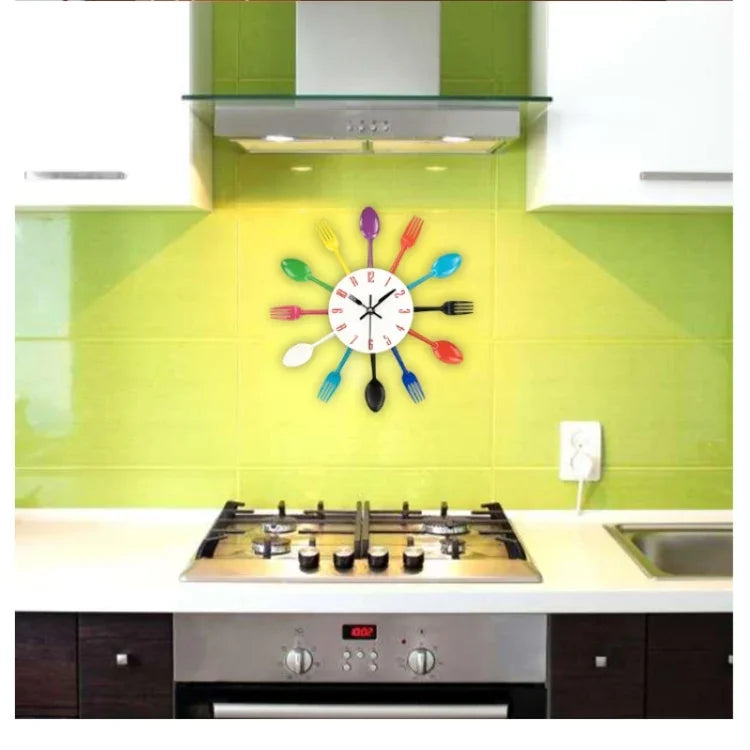Relógio de Parede de Cozinha em Metal com Talheres, Colher e Garfo, Relógios de Parede Criativos de Quartzo com Design Moderno Decorativo, Prateado, Prateado