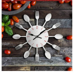 Relógio de Parede de Cozinha em Metal com Talheres, Colher e Garfo, Relógios de Parede Criativos de Quartzo com Design Moderno Decorativo, Prateado, Prateado