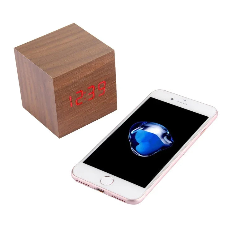 Relógio de Mesa de Madeira com Ecrã Digital LED, Alarme com Exibição de Hora, Data e Temperatura, Relógio de Madeira