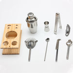 Conjunto de 9 ferramentas para shaker de cocktail em aço inoxidável com suporte em madeira, capacidade: 550ml, 550ml