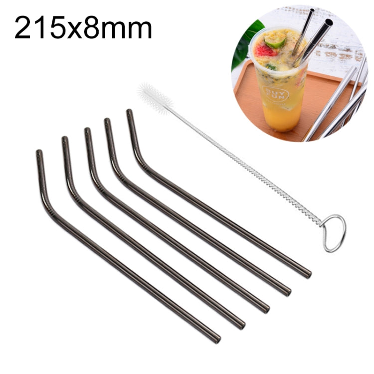 Conjunto de 5 Palhinhas Reutilizáveis em Aço Inoxidável Curvadas + Escova de Limpeza, 215*8mm, 215*8mm (Curvada)