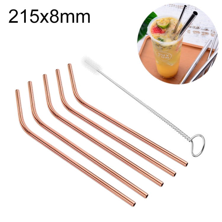 Conjunto de 5 Palhinhas Reutilizáveis em Aço Inoxidável Curvadas + Escova de Limpeza, 215*8mm, 215*8mm (Curvada)