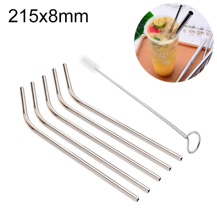Conjunto de 5 Palhinhas Reutilizáveis em Aço Inoxidável Curvadas + Escova de Limpeza, 215*8mm, 215*8mm (Curvada)