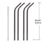 Conjunto de 5 Canudos Reutilizáveis de Aço Inoxidável Curvados + Escova de Limpeza, 266*6mm, 266*6mm (Curvado)