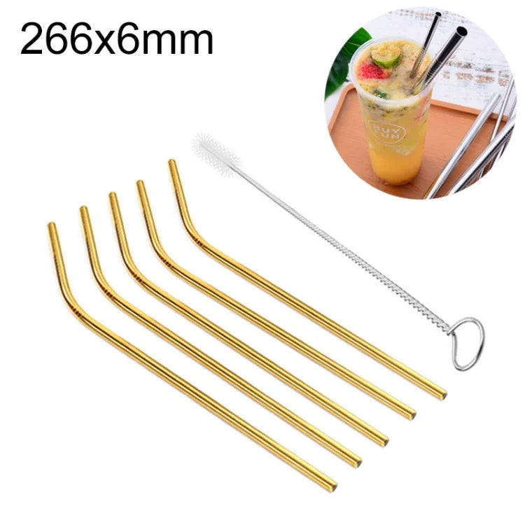 Conjunto de 5 Canudos Reutilizáveis de Aço Inoxidável Curvados + Escova de Limpeza, 266*6mm, 266*6mm (Curvado)
