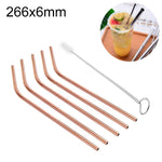 Conjunto de 5 Canudos Reutilizáveis de Aço Inoxidável Curvados + Escova de Limpeza, 266*6mm, 266*6mm (Curvado)