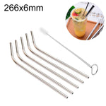 Conjunto de 5 Canudos Reutilizáveis de Aço Inoxidável Curvados + Escova de Limpeza, 266*6mm, 266*6mm (Curvado)