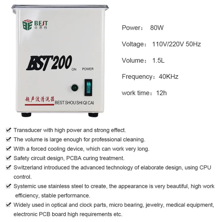 BEST-200 Limpeza Ultrassónica em Aço Inoxidável 1.5L (Voltagem 220V), BEST-200 1.5L