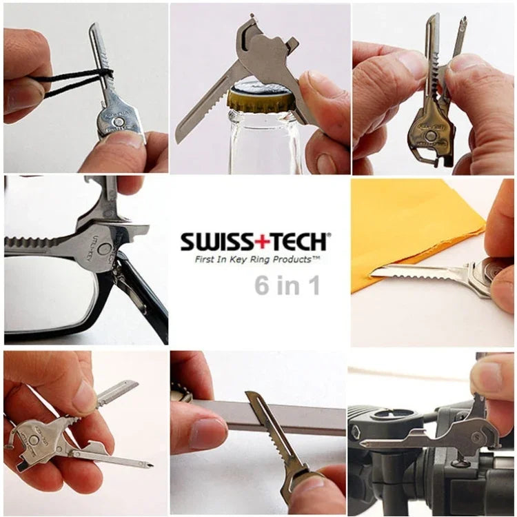 Chaveiro Multi-funções 6 em 1 em Aço Inoxidável SWISS+TECH, Mini Ferramentas Dobráveis