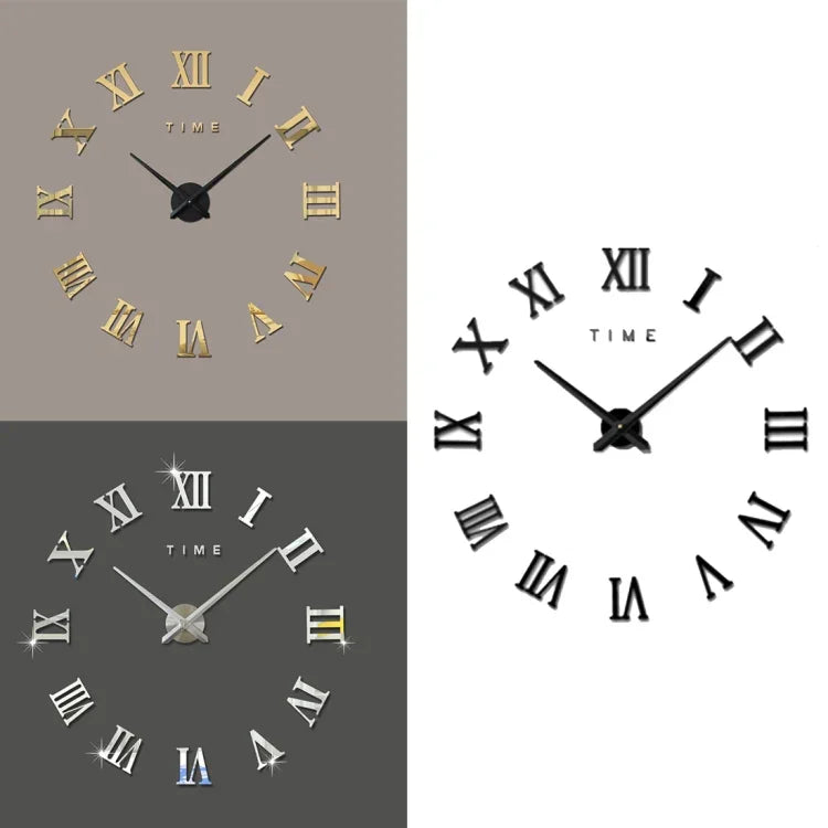 Relógio de Parede Grande DIY Sem Moldura com Algarismos Romanos para Decoração de Quarto e Casa, Silencioso, Tamanho: 100*100cm, M011 (Preto), M011 (Dourado), M011 (Prateado)