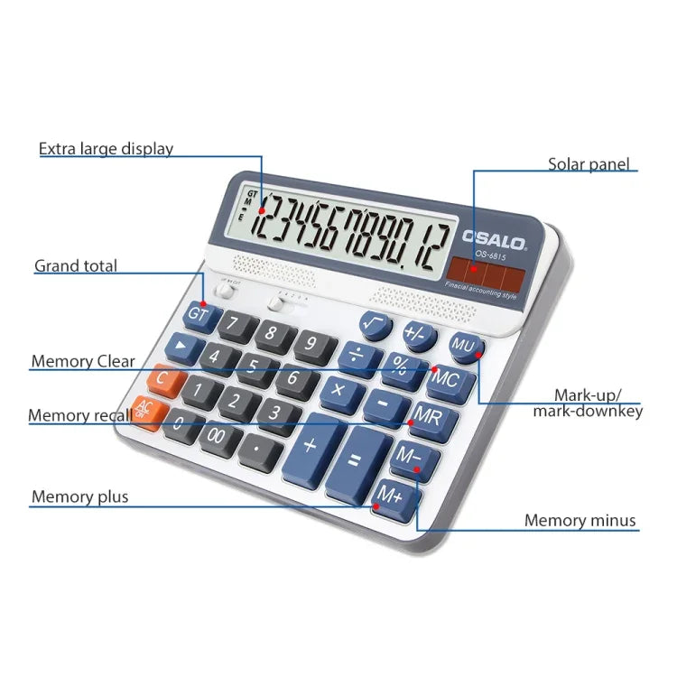 Calculadora de Secretária OSALO OS-6815 com 12 Dígitos, Energia Solar e Dupla Alimentação, OS-6815