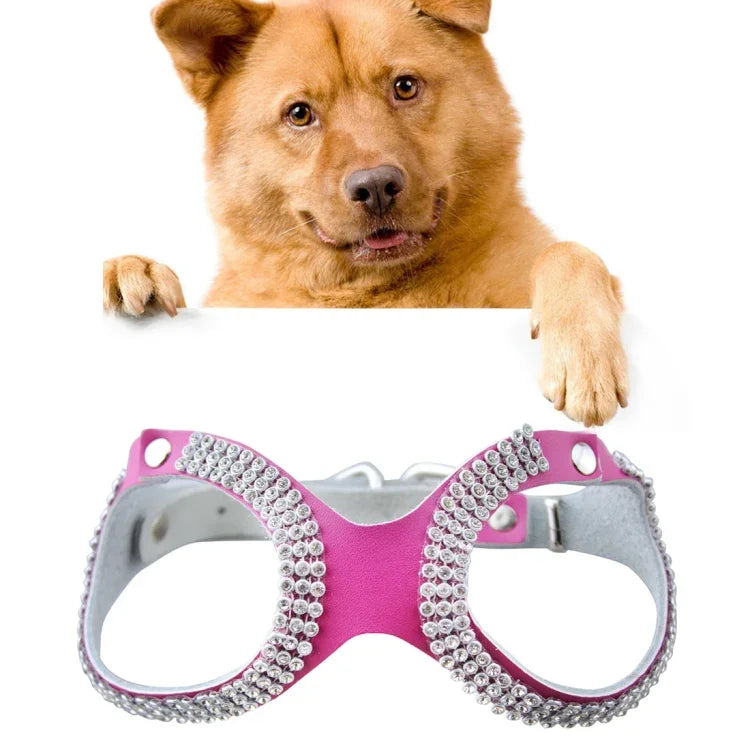 Peitoral para Cão Estilo Óculos em Pele com Strass, Respirável, Tamanho: S